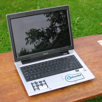 The screen is very reflective.  Outside, this laptop is only useful to look at the clouds, but this photo is maybe not so good to illustrate this.  Yes, the screen is turned on.<br />The two big (imho ugly) stickers, don't stick so well after using the laptop for a while because your wrists are constantly laying on and moving over the stickers.  After a while (5 months?) I noticed that I could easily pull them off cleanly.  omg, I'm good at talking about details :)